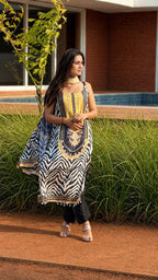 Yellow Mirror Work Chinon Kurti Set