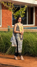 Yellow Mirror Work Chinon Kurti Set