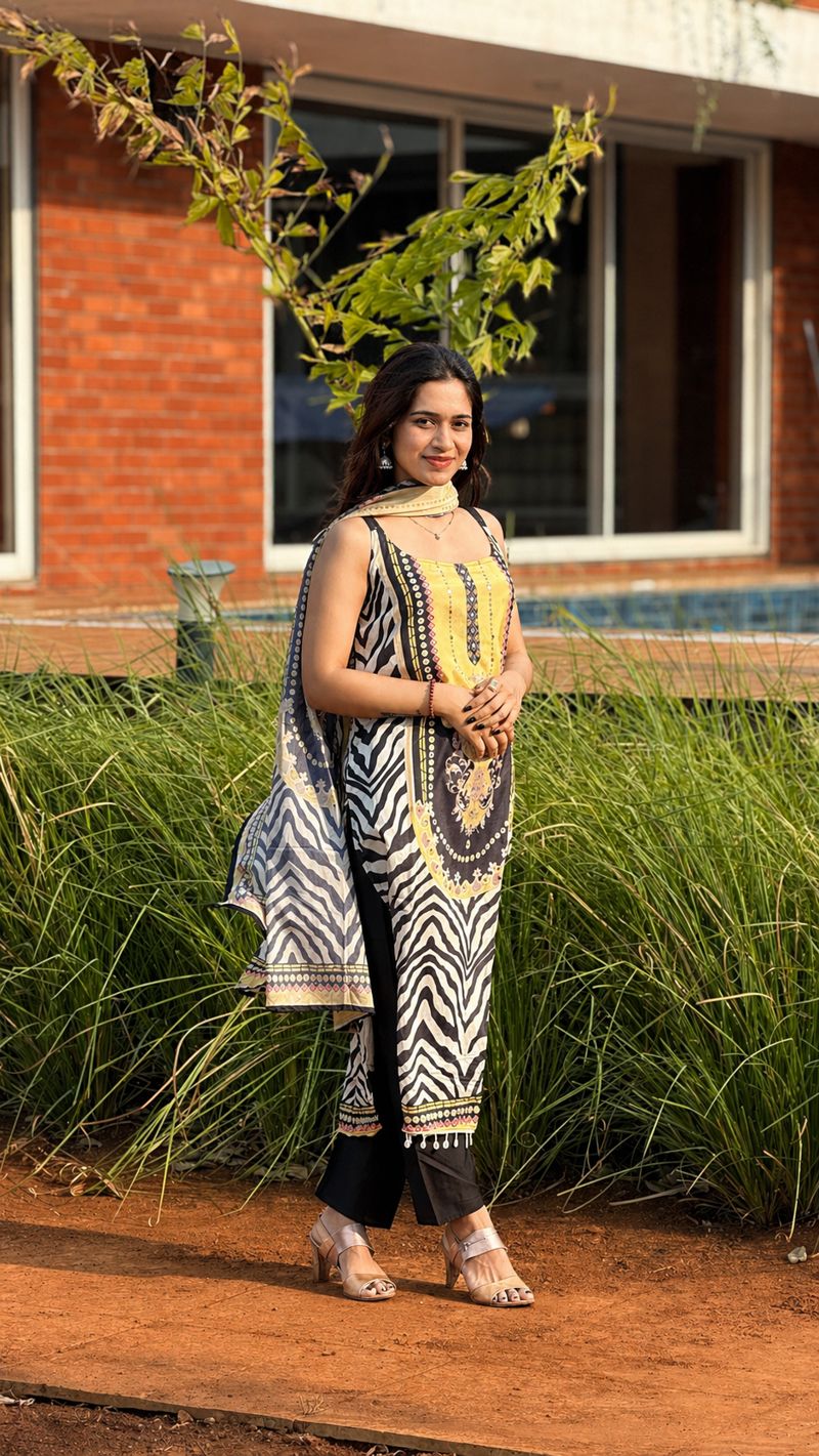 Yellow Mirror Work Chinon Kurti Set