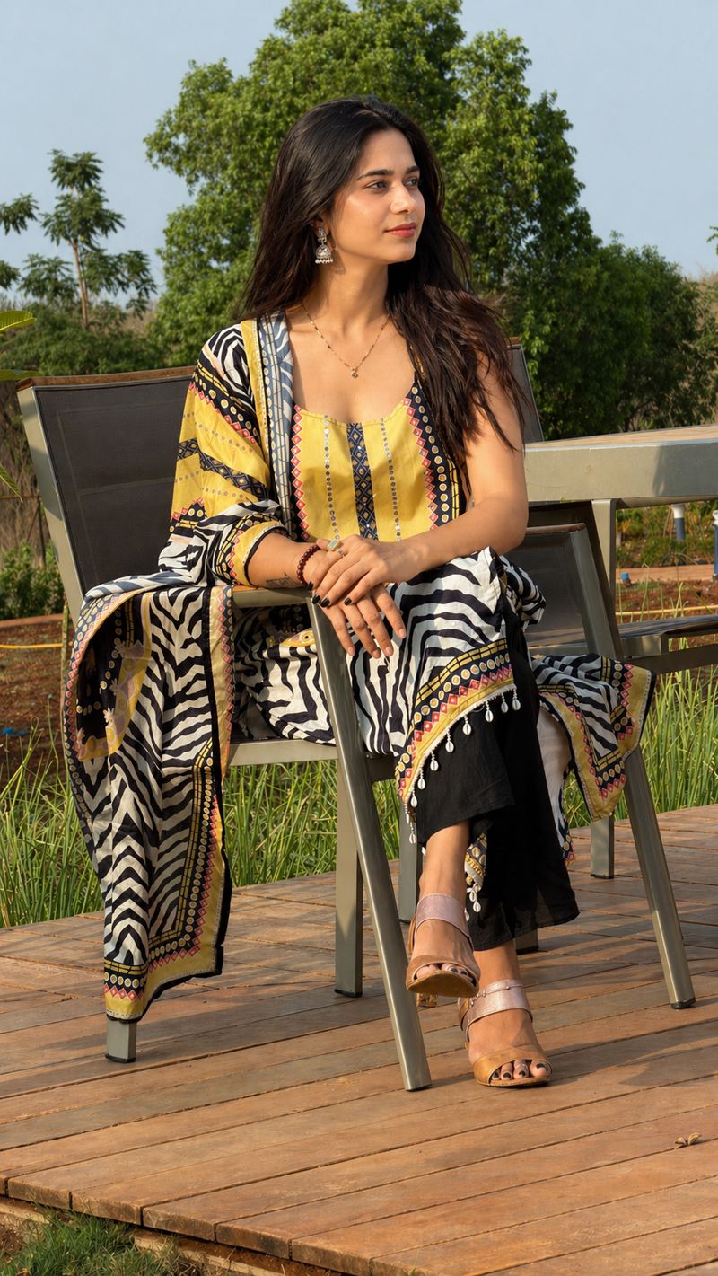 Yellow Mirror Work Chinon Kurti Set