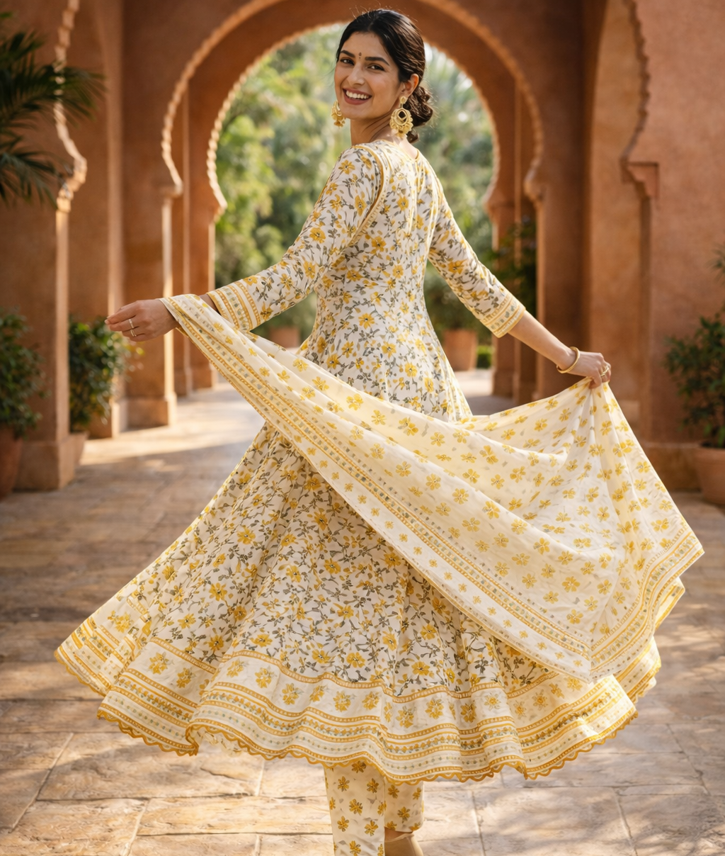 Yellow Floral Mall Cotton Kurti Set