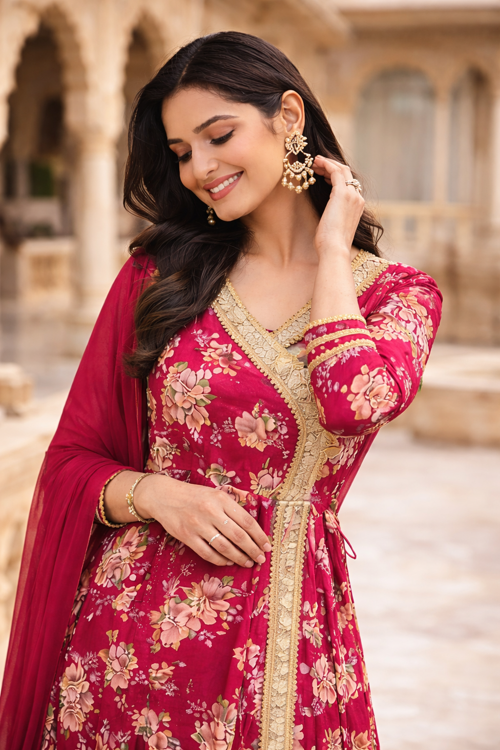Pink Floral Anarkali Set