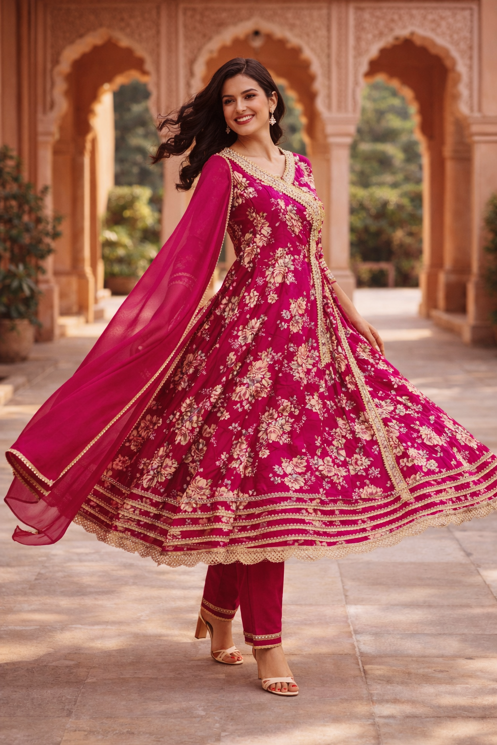 Pink Floral Anarkali Set