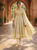 Yellow Floral Mall Cotton Kurti Set